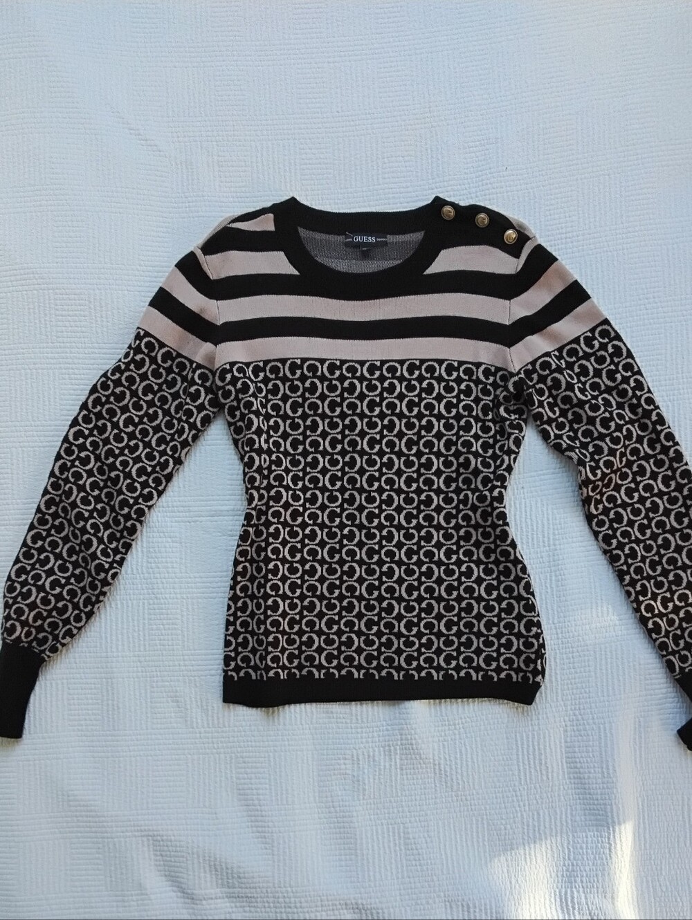 GUESS Black and Tan Striped Logo-Print Crewneck Sweater